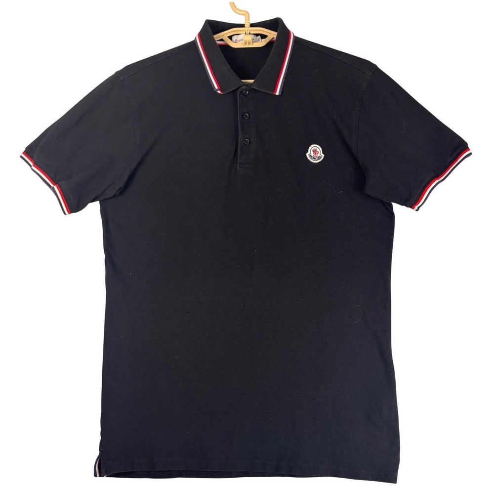 Moncler Boys Black Pique Polo Shirt Tricolor Trim Felt Logo Size 2XL